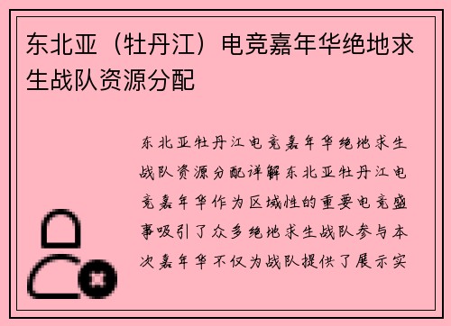 东北亚（牡丹江）电竞嘉年华绝地求生战队资源分配