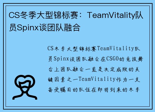 CS冬季大型锦标赛：TeamVitality队员Spinx谈团队融合